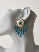 Yaari Collections Gold-Plated Kundan Chandbali Earrings with Emerald Stone & Teal Blue Beads | Traditional Statement Drop Earrings for Women | Festive & Party Wear - Image 4