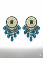 Yaari Collections Gold-Plated Kundan Chandbali Earrings with Emerald Stone & Teal Blue Beads | Traditional Statement Drop Earrings for Women | Festive & Party Wear - Image 3