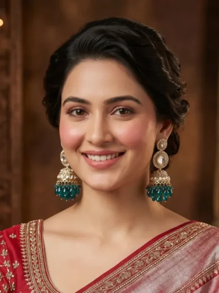 Yaari Collections Gold-Plated Kundan Jhumka Earrings with Emerald Green Beads | Traditional Statement Drop Earrings for Women | Bridal & Festive Wear
