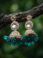 Yaari Collections Gold-Plated Kundan Jhumka Earrings with Emerald Green Beads | Traditional Statement Drop Earrings for Women | Bridal & Festive Wear - Image 2