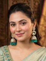 Yaari Collections Gold-Plated Kundan Jhumka Earrings with Emerald Green Beads | Traditional Statement Drop Earrings for Women | Bridal & Festive Wear - Image 3