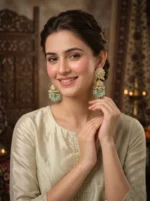 Yaari Collections Gold-Plated Kundan Jhumka Earrings with Mint Green Beads & Pearl Drops | Traditional Bridal Statement Earrings for Women | Ethnic Festive Wear - Image 3