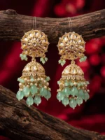 Yaari Collections Gold-Plated Kundan Jhumka Earrings with Mint Green Beads & Pearl Drops | Traditional Bridal Statement Earrings for Women | Ethnic Festive Wear - Image 2