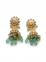 Yaari Collections Gold-Plated Kundan Jhumka Earrings with Mint Green Beads & Pearl Drops | Traditional Bridal Statement Earrings for Women | Ethnic Festive Wear - Image 5