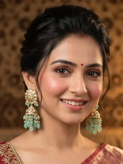 Yaari Collections Gold-Plated Kundan Jhumka Earrings with Mint Green Beads & Pearl Drops | Traditional Bridal Statement Earrings for Women | Ethnic Festive Wear