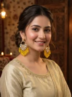 Yaari Collections Gold-Plated Kundan Chandbali Earrings with Yellow Beads | Traditional Statement Drop Earrings for Women | Festive & Party Wear Jewellery - Image 4
