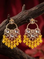 Yaari Collections Gold-Plated Kundan Chandbali Earrings with Yellow Beads | Traditional Statement Drop Earrings for Women | Festive & Party Wear Jewellery - Image 2