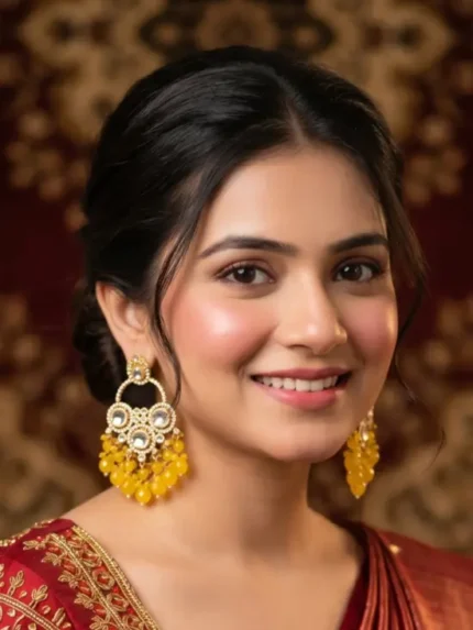 Yaari Collections Gold-Plated Kundan Chandbali Earrings with Yellow Beads | Traditional Statement Drop Earrings for Women | Festive & Party Wear Jewellery