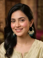 Yaari Collections Gold-Plated Hoop Earrings with Pearl Cluster & Teal Blue Beads | Traditional Statement Bali Earrings for Women | Festive & Party Wear Jewellery - Image 3