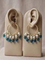 Yaari Collections Gold-Plated Hoop Earrings with Pearl Cluster & Teal Blue Beads | Traditional Statement Bali Earrings for Women | Festive & Party Wear Jewellery - Image 4