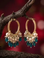 Yaari Collections Gold-Plated Hoop Earrings with Pearl Cluster & Teal Blue Beads | Traditional Statement Bali Earrings for Women | Festive & Party Wear Jewellery - Image 2
