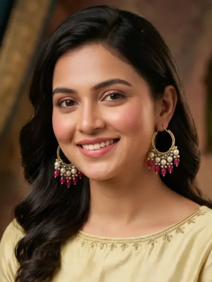 Yaari Collections Gold-Plated Hoop Earrings with Pearl Cluster & Pink Bead Drops | Traditional Statement Bali Earrings for Women | Festive & Party Wear