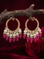 Yaari Collections Gold-Plated Hoop Earrings with Pearl Cluster & Pink Bead Drops | Traditional Statement Bali Earrings for Women | Festive & Party Wear - Image 2