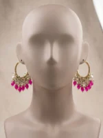 Yaari Collections Gold-Plated Hoop Earrings with Pearl Cluster & Pink Bead Drops | Traditional Statement Bali Earrings for Women | Festive & Party Wear - Image 4