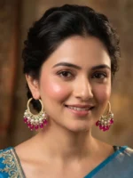 Yaari Collections Gold-Plated Hoop Earrings with Pearl Cluster & Pink Bead Drops | Traditional Statement Bali Earrings for Women | Festive & Party Wear - Image 3